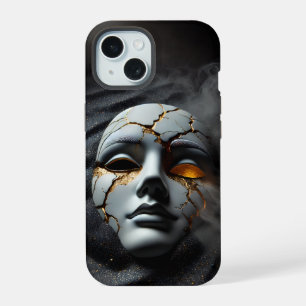 Gebarsten Porseleinen Masker Donker iPhone 15 Stev Hoesje