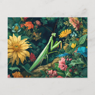 Gebed Mantis met Dahlia's en andere Tuinbloei Briefkaart