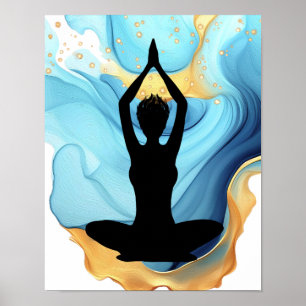 Gebed Pose Yoga vrouw Blauw Goud kort haar swirl Poster
