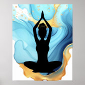 Gebed Pose Yoga vrouw Blauw Goud rommelig broodje Poster (Voorkant)