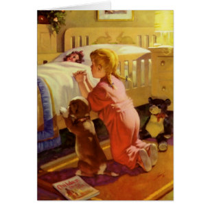 Gebedsuur Gebeden, Meisje met Puppies, Vintage Rel