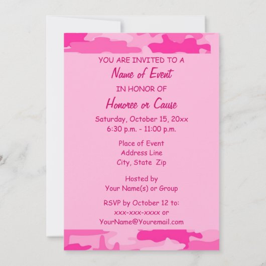 Gebeurtenis van de Camouflage Partij voor Roze en Kaart (Achterkant)