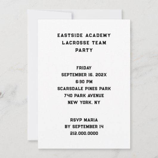 Gebeurtenisuitnodigingen van het Lacrosse-team Kaart (Achterkant)