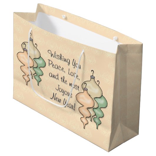 Geblazen glazen Ornamenten op Bleke perzikdamast Large Cadeauzakje (Voorkant Gekanteld)