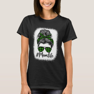 Gebleekte Messy Bun Mom Life Plaid Groene Print Mo T-shirt