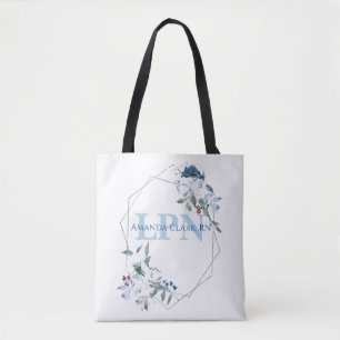 Gebloemde Blauwe Gepersonaliseerde LPN Monogram Draagtas