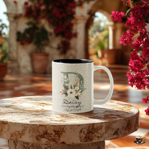 Gebloemde Boho Chic Monogram Gepersonaliseerd voor Tweekleurige Koffiemok