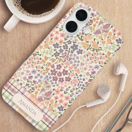 Gebloemde en geruite gepersonaliseerde naam telefo iPhone 16 hoesje