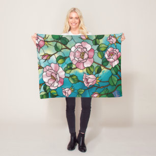 Gebloemde glas-in-lood effect roze bloemen botanis fleece deken