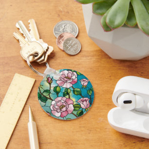 Gebloemde glas-in-lood effect roze bloemen botanis sleutelhanger