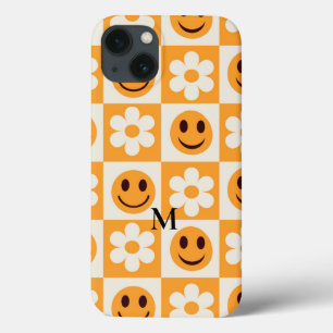 Geblokte bloemen en oranje glimlachende gezichten iPhone 13 hoesje