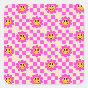 Geblokte hete roze lachende bloemen patroon vierkante sticker