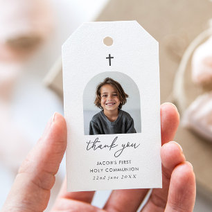 Gebogen foto Eerste Communie Jongen Bedankt Cadeaulabel