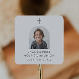 Gebogen foto Eerste Communie Jongen Bedankt Vierkante Sticker