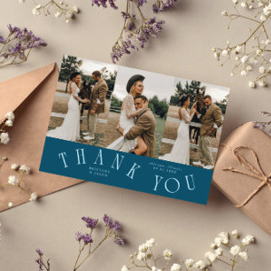 Gebogen typografie Teal bruiloft multi foto Bedankkaart