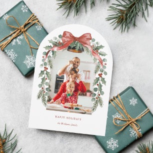 Gebogen waterverf Kerstboog met Hulst Foto Feestdagenkaart