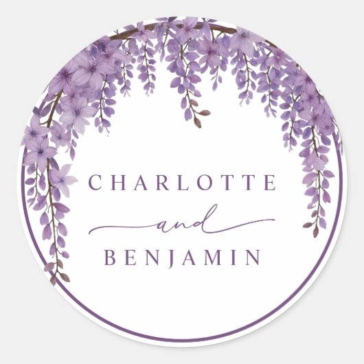 Gebogen Wisteria Branch Bloementuin Trouwen Ronde Sticker (Voorkant)
