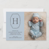 Geboorte aankondiging Monogram Modern Blauw Kaart (Voorkant)