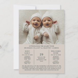 Geboorte Aankondiging Preemie Twins NICU Taupe Kaa