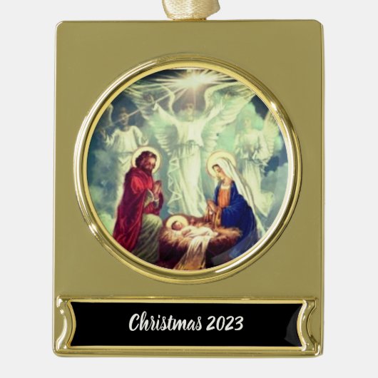 Geboorte met engelen Kerstmis 2023 Verguld Banner Ornament (Voorkant)