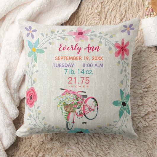 Geboorte Stats Baby Meisje  Retro Roze Fiets Kussen (Deken)