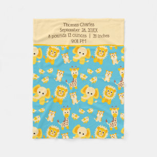 Geboorte Stats Blauw Geel Jungle Safari Dieren Jon Fleece Deken