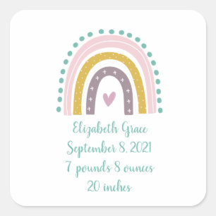 Geboorte Stats Boho Regenboog Roze Turkoois Goud H Vierkante Sticker