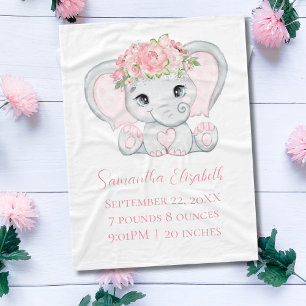 Geboorte Stats Roze Baby Olifant Meisje Baby Fleece Deken
