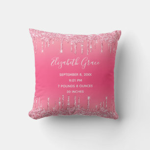 Geboorte Stats Roze Druppelende Glitter Baby Meisj Kussen