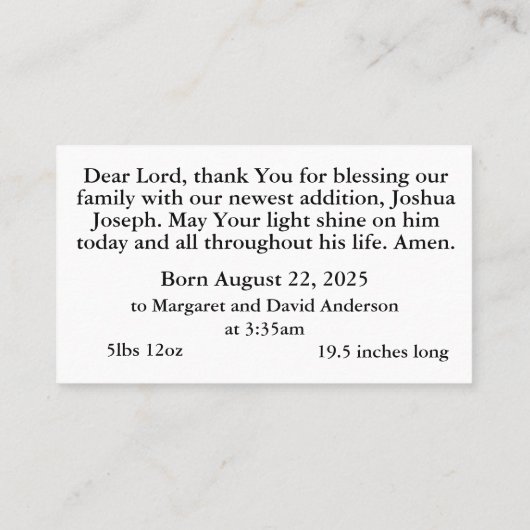 Geboorteaankondiging Gebed Kaart Contactkaartje (Achterkant)