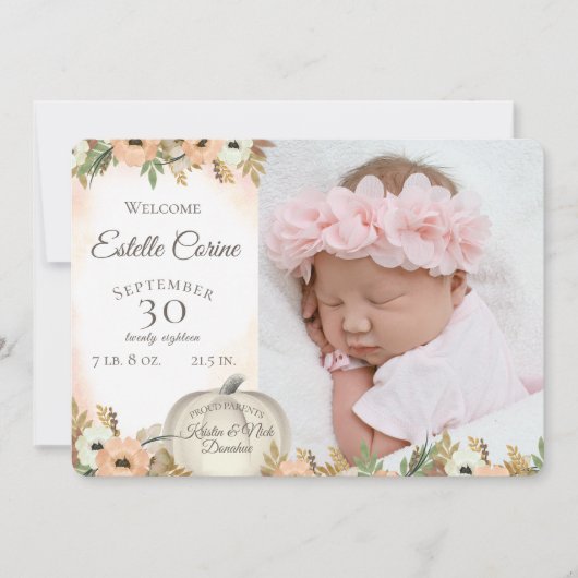 Geboorteaankondiging met witte pompoen bloem en fo kaart (Voorkant)