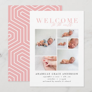 Geboorteaankondiging multi-foto roze meisjesmanusc bedankkaart