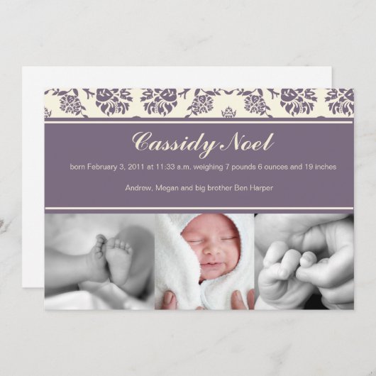 Geboorteaankondiging van damast met lint aankondiging (Voorkant / Achterkant)