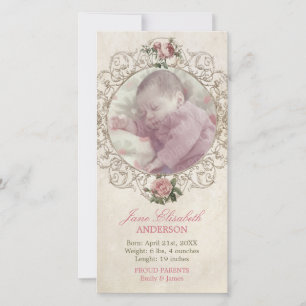 Geboorteaankondiging voor meisje met oude rozen aankondiging