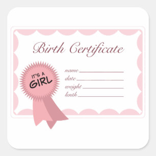 Geboortecertificaat voor meisjes vierkante sticker