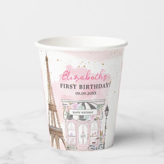 Geboortedag: Parisian Cafe Tea Papieren Bekers (Voorkant)