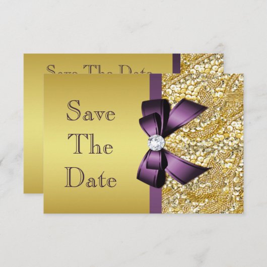 Geboortedatum: Gold Faux Sequin Paarse Bow Save The Date (Voorkant / Achterkant)
