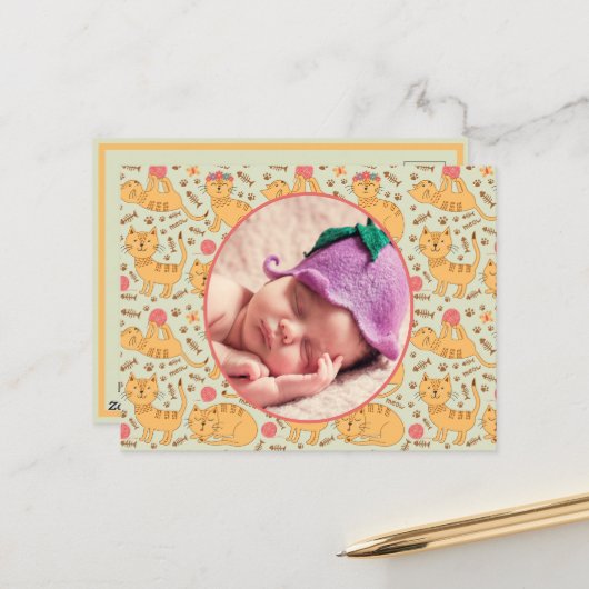 Geboortedatum: Happy Cats die slapen Briefkaart (Voorkant / Achterkant in situ)