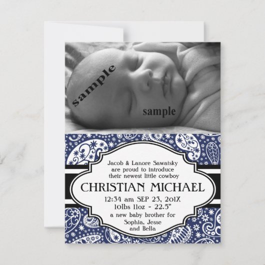 Geboortedatum: Land Paisley New Baby Boy Aankondiging (Voorkant)