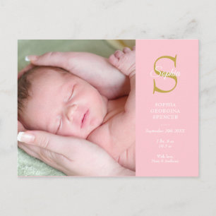 Geboortekaartje met babyfoto en monogram briefkaart