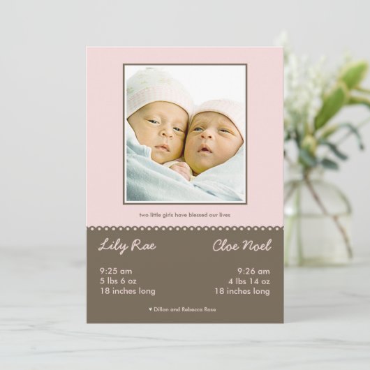 Geboortekaartje voor dubbel gezegende tweeling feestdagenkaart (Staand voorkant)