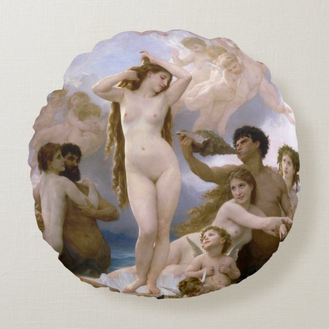Geboorteplaats: Venus, William-Adolphe Bouguereau Rond Kussen (Voorkant)