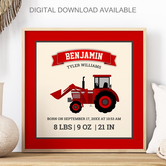 Geboortestatistieken Baby met Rode Boerentractor Poster