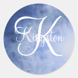 Geborduurd blauw en wit aquarel ronde sticker