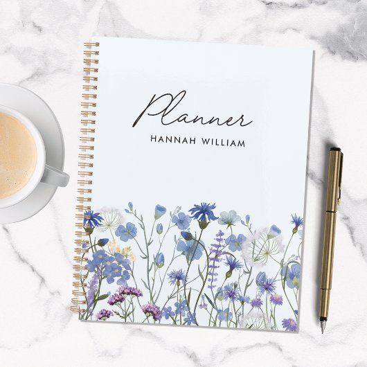 Geborduurd Blauw Waterverf Wildbloemenveld Planner