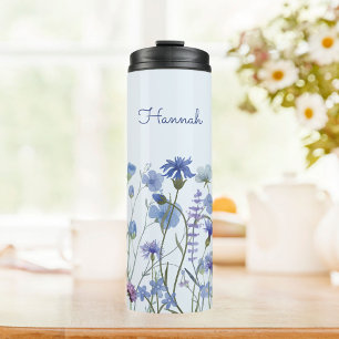 Geborduurd Blauw Waterverf Wildbloemenveld Thermosbeker
