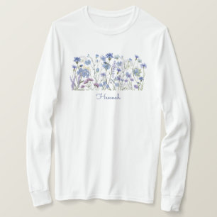 Geborduurd Blauwe Aquarel Bloemenweide T-shirt