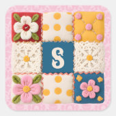 Geborduurd Bloem Lapjesdeken Monogram Vierkante Sticker (Voorkant)