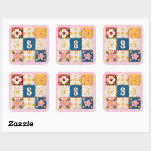 Geborduurd Bloem Lapjesdeken Monogram Vierkante Sticker