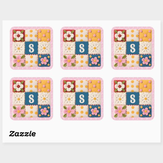 Geborduurd Bloem Lapjesdeken Monogram Vierkante Sticker (Vel)